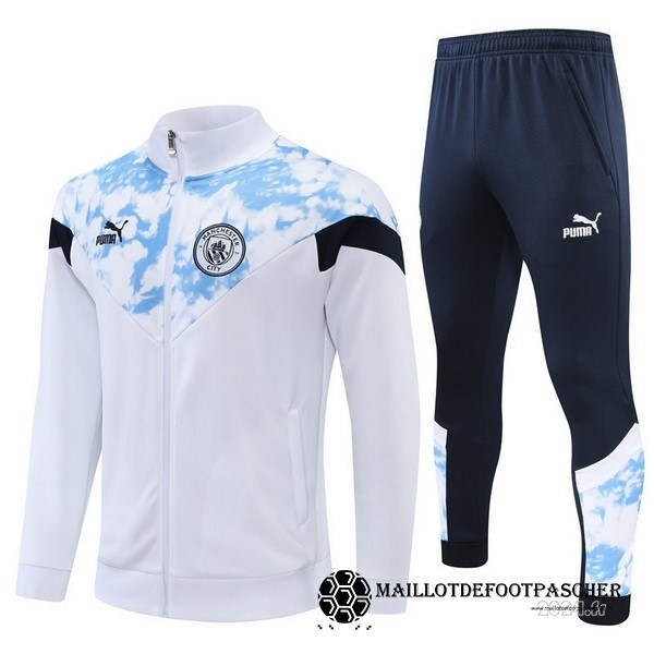 Ensemble Complet Ropa Deportiva Con Cremallera Larga Enfant Manchester City 2022 2023 Blanc Bleu Maillot De Foot Personnalisé Pas Cher