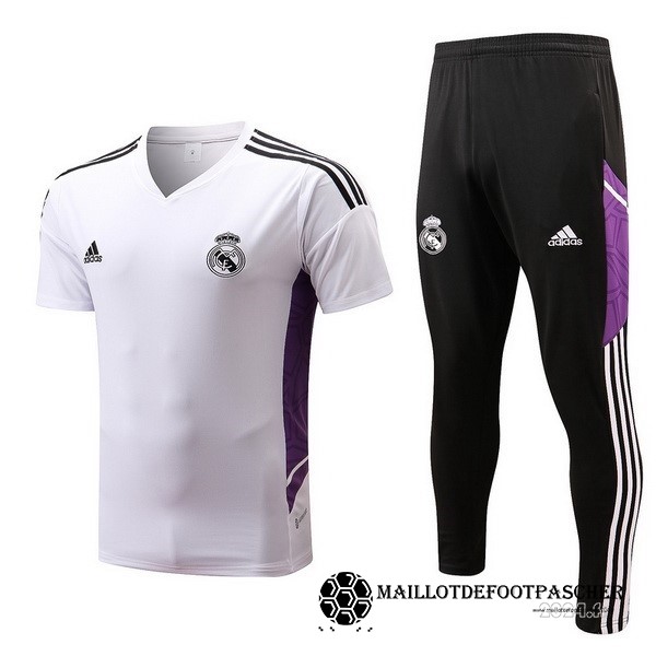 Entrainement Ensemble Complet Enfant Real Madrid 2022 2023 Blanc Noir Purpura Maillot De Foot Personnalisé Pas Cher